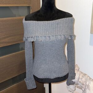 Line & Dot off the shoulder ribbed gray sweater boho fringe tassels XS new